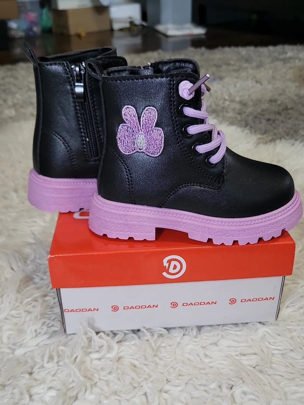 Kids Black and Pink Lace-Up Ankle Boots with Flower Detail
